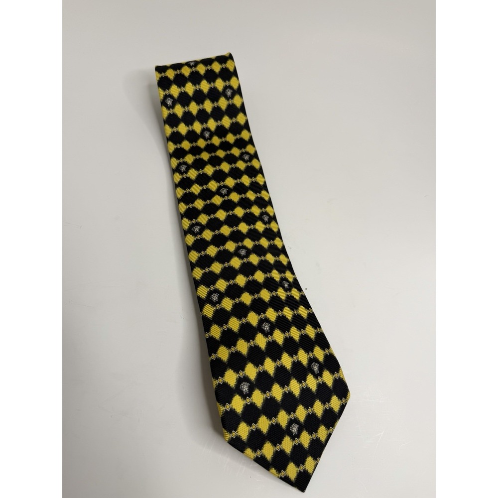 Vtg GIANNI VERSACE Tie Black Yellow Diamond Harlequin Check Medusa Head, 59